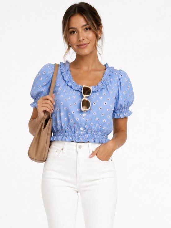 Zara Tops - ZARA Sky blue floral puff sleeve M